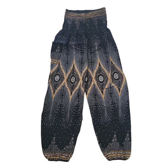 Harem Pants Size EST S Boho Yoga Peacock Print Elastic Waist Joggers - Picture 1 of 9
